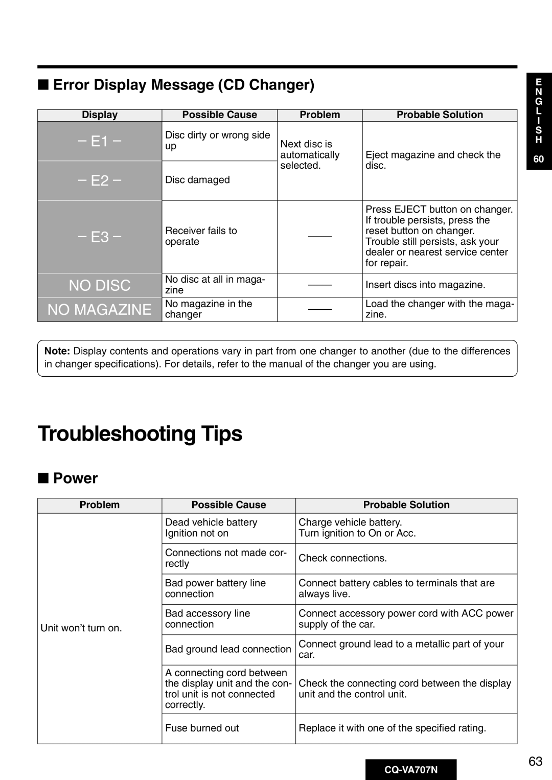 Panasonic CQ-VA707N operating instructions Troubleshooting Tips, Error Display Message CD Changer, Power 