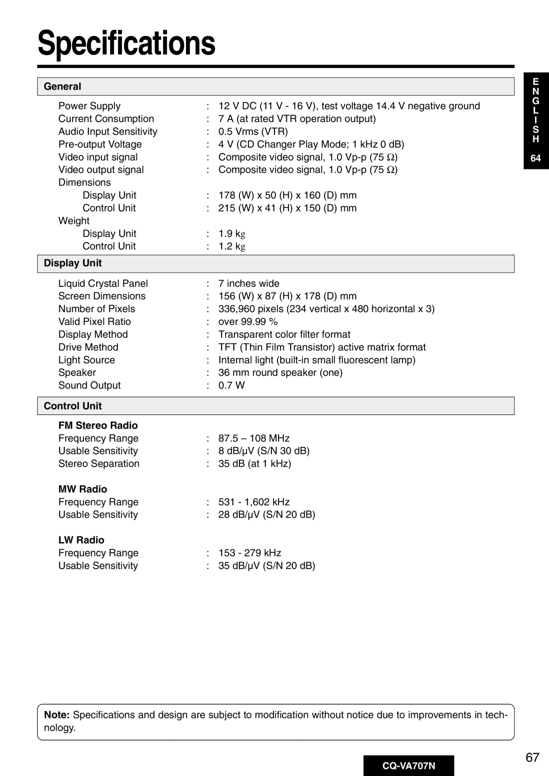 Panasonic CQ-VA707N operating instructions Specifications 