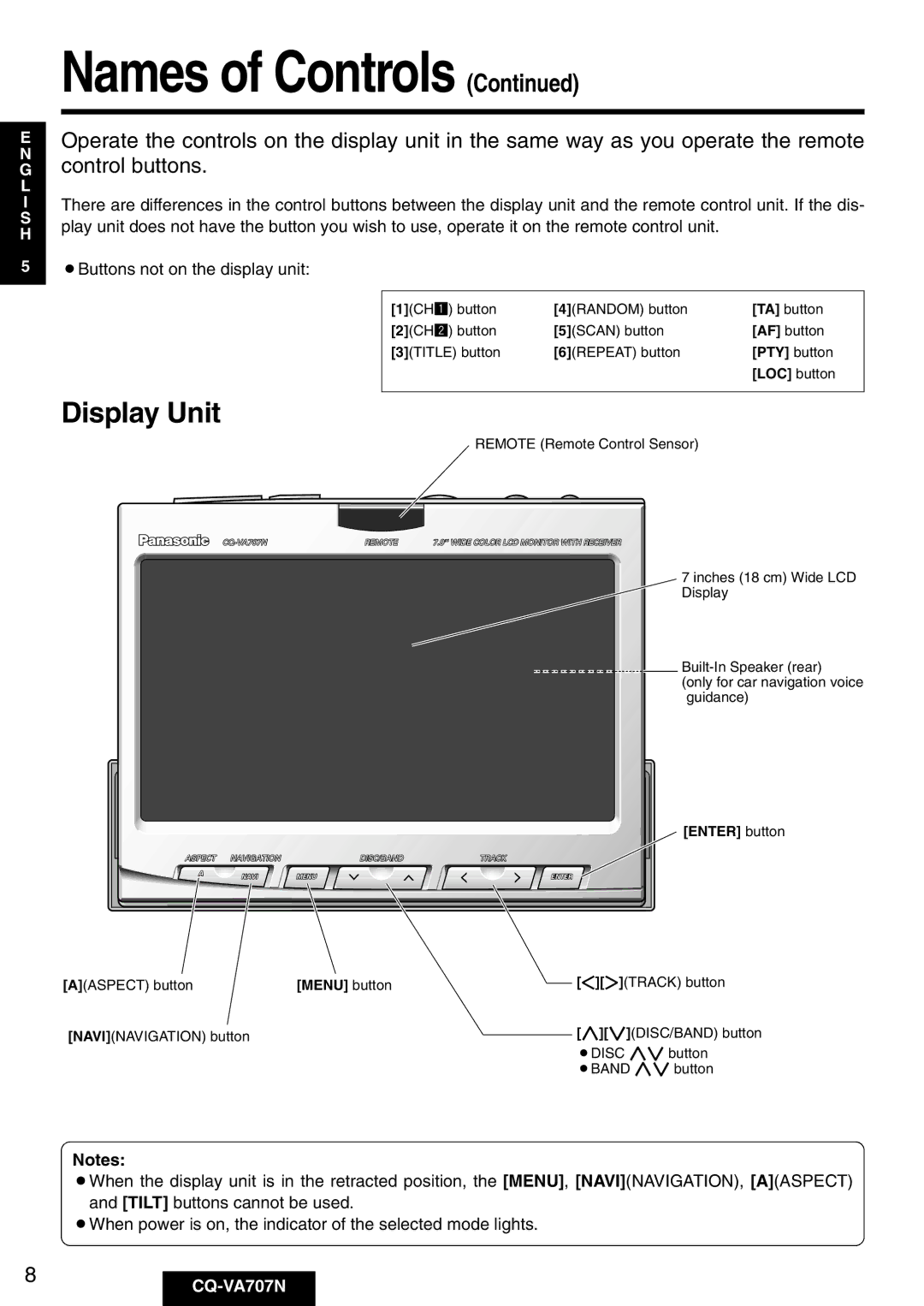 Panasonic CQ-VA707N operating instructions Display Unit, Remote Remote Control Sensor 