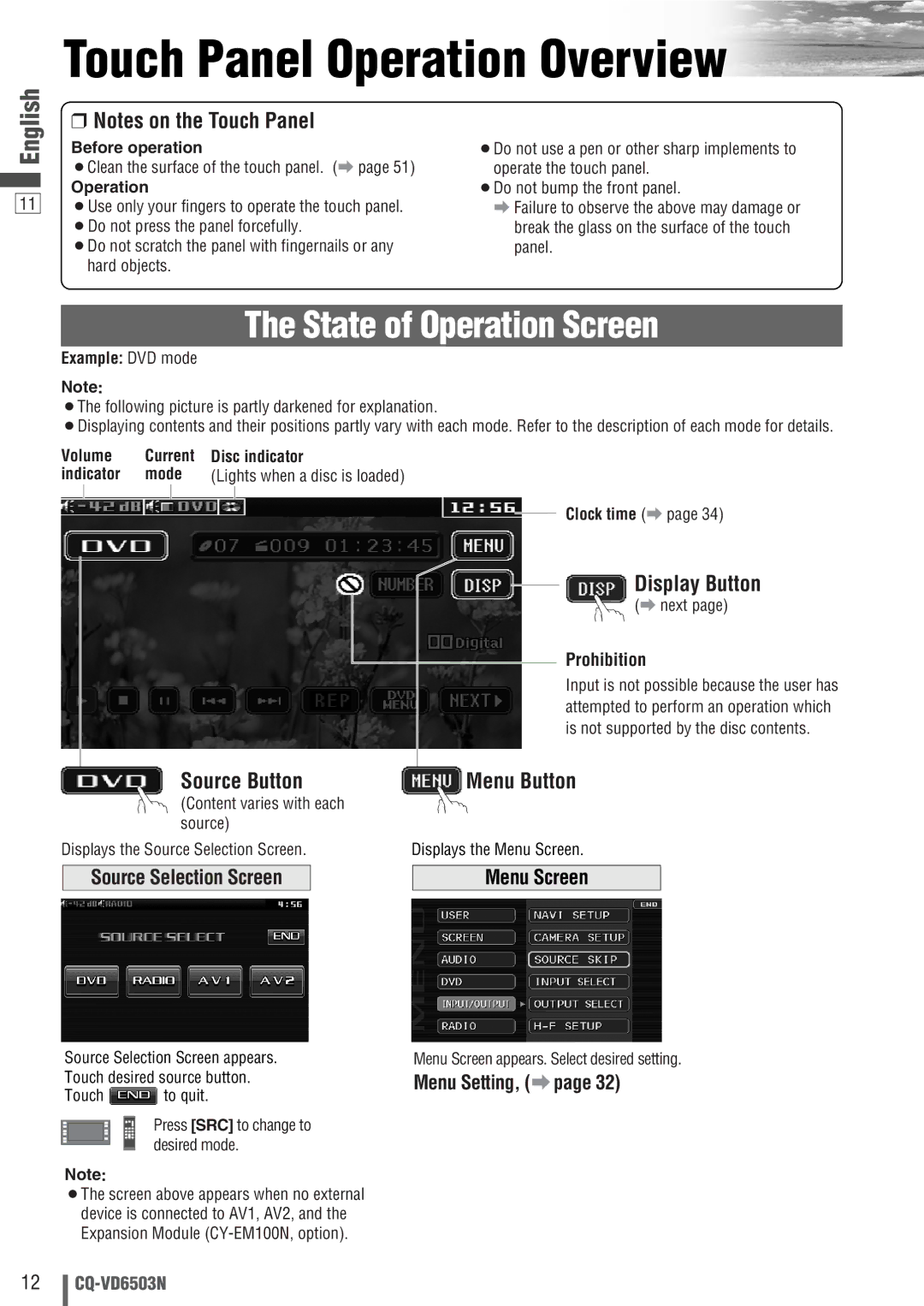 Panasonic CQ-VD6503N Touch Panel Operation Overview, State of Operation Screen, Display Button, Source Button, Menu Button 