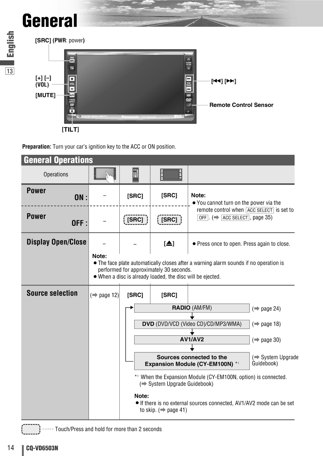 Panasonic CQ-VD6503N operating instructions General Operations, Power, Off, Source selection 