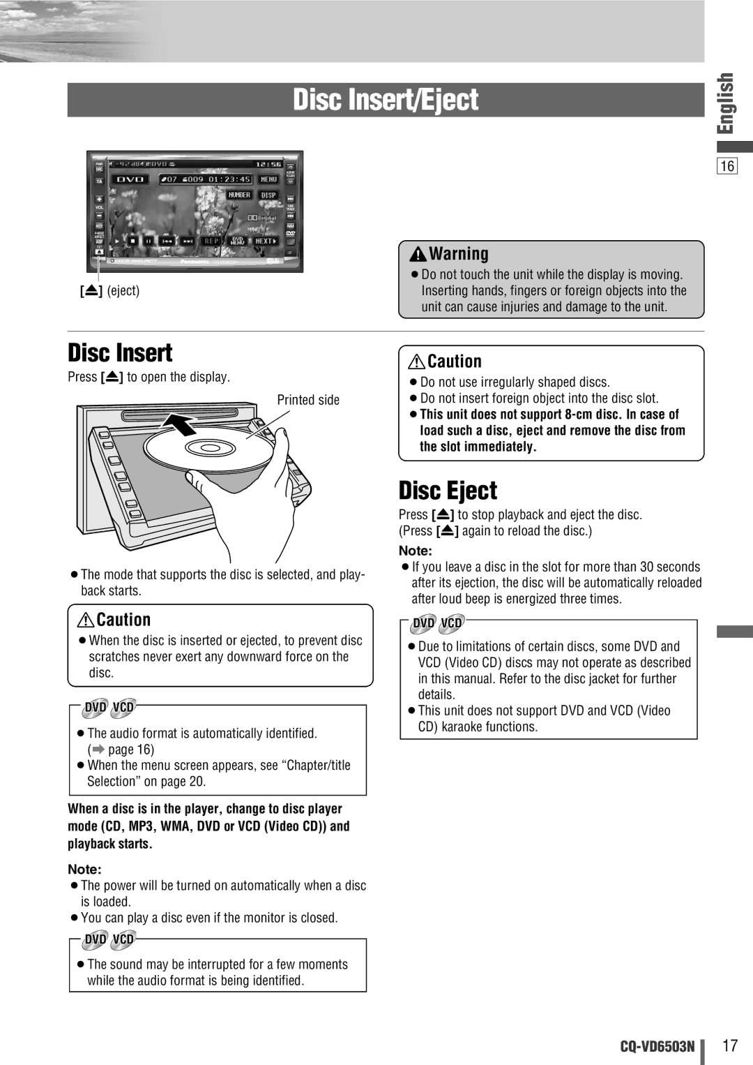 Panasonic CQ-VD6503N operating instructions Disc Insert/Eject, Disc Eject 