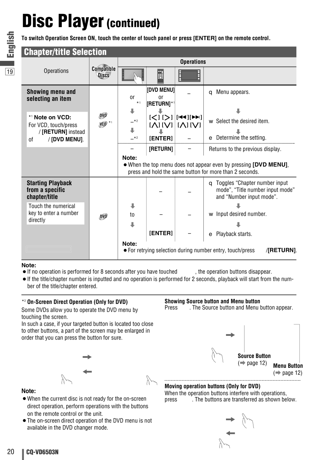 Panasonic CQ-VD6503N operating instructions Chapter/title Selection 