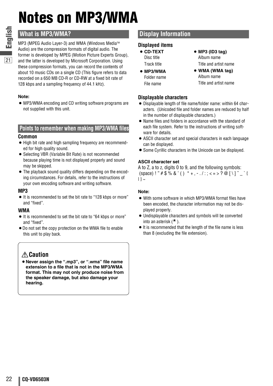 Panasonic CQ-VD6503N operating instructions Common, Displayed items, Displayable characters, MP3, Wma 