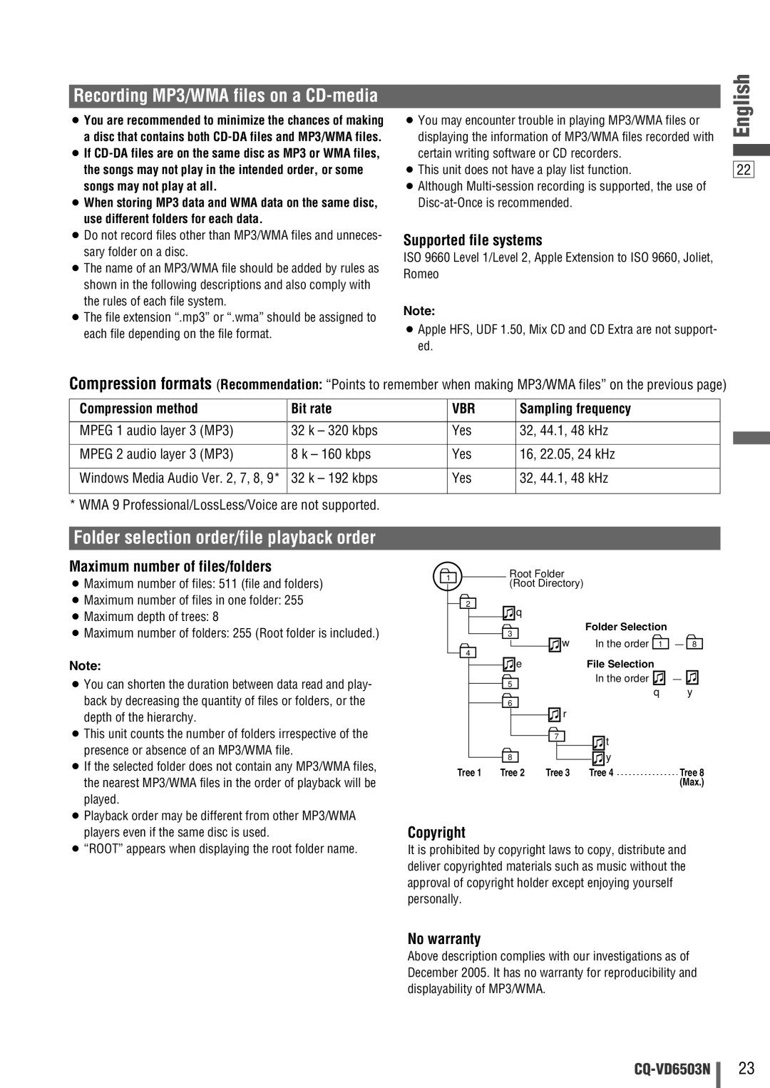 Panasonic CQ-VD6503N Supported file systems, Maximum number of files/folders, Copyright, No warranty, Vbr 