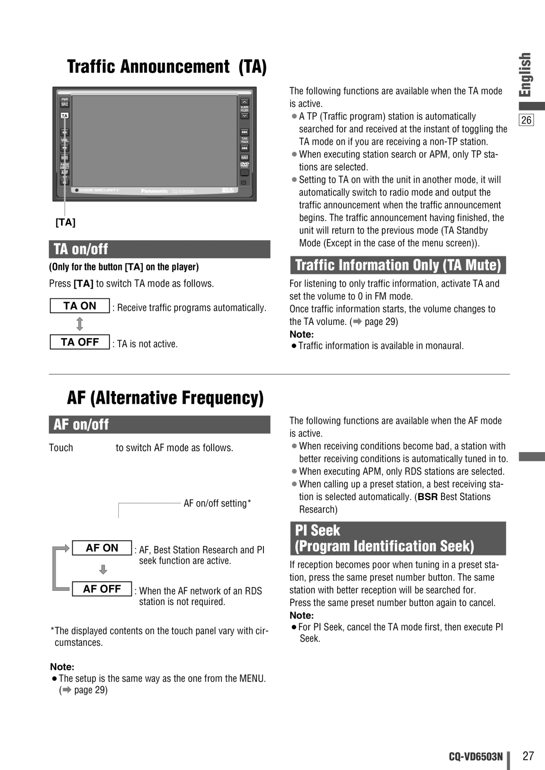 Panasonic CQ-VD6503N operating instructions TA on/off, AF on/off, PI Seek Program Identification Seek 