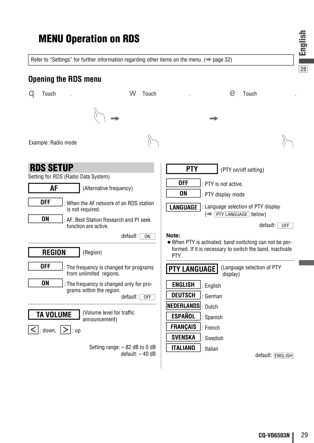 Panasonic CQ-VD6503N operating instructions Menu Operation on RDS, Pty, Region 