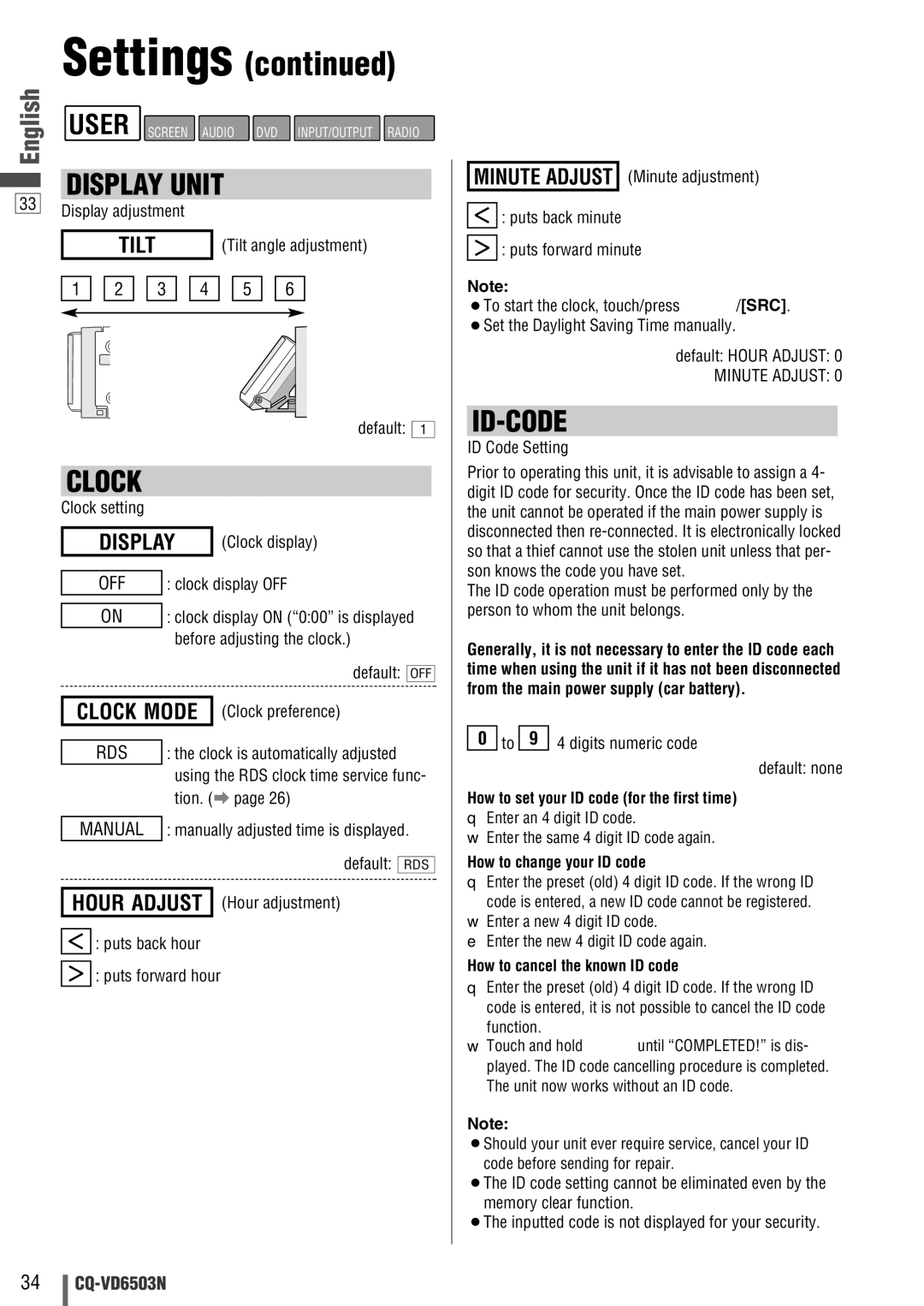 Panasonic CQ-VD6503N Tilt, Display, How to set your ID code for the first time, How to change your ID code 