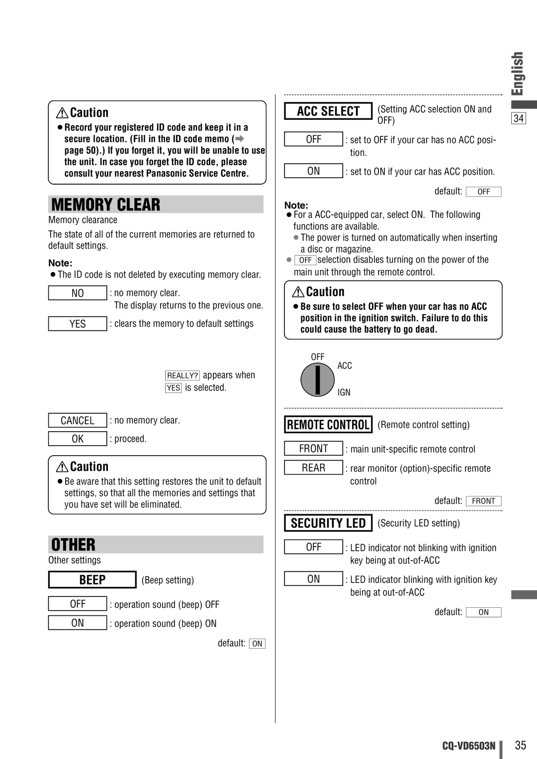 Panasonic CQ-VD6503N operating instructions Beep, Security LED 