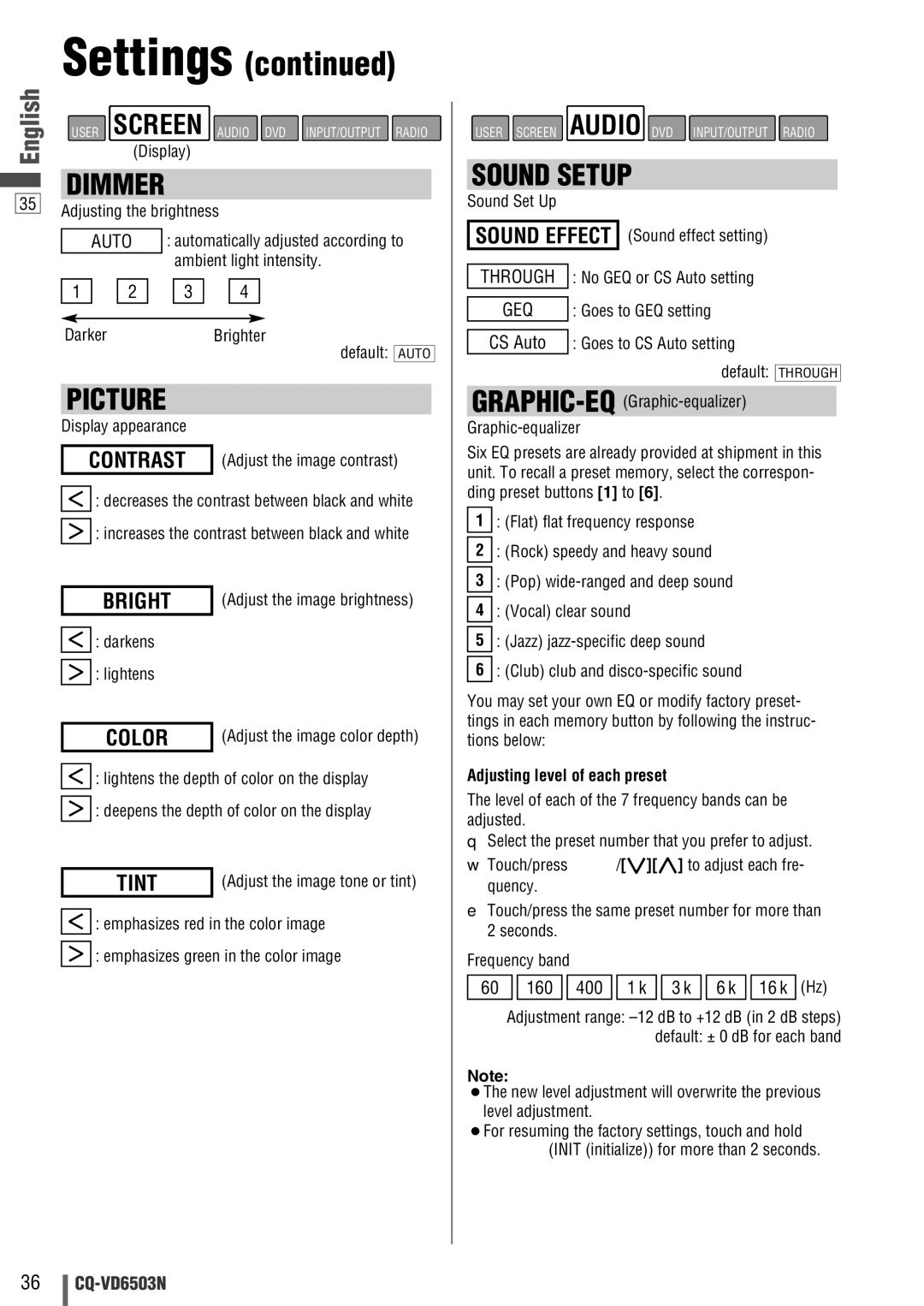 Panasonic CQ-VD6503N operating instructions Bright, Color, Tint, Darkens Lightens, Adjusting level of each preset 