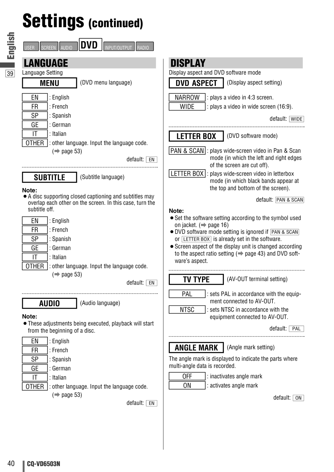 Panasonic CQ-VD6503N operating instructions Menu, Subtitle, Audio, TV Type 