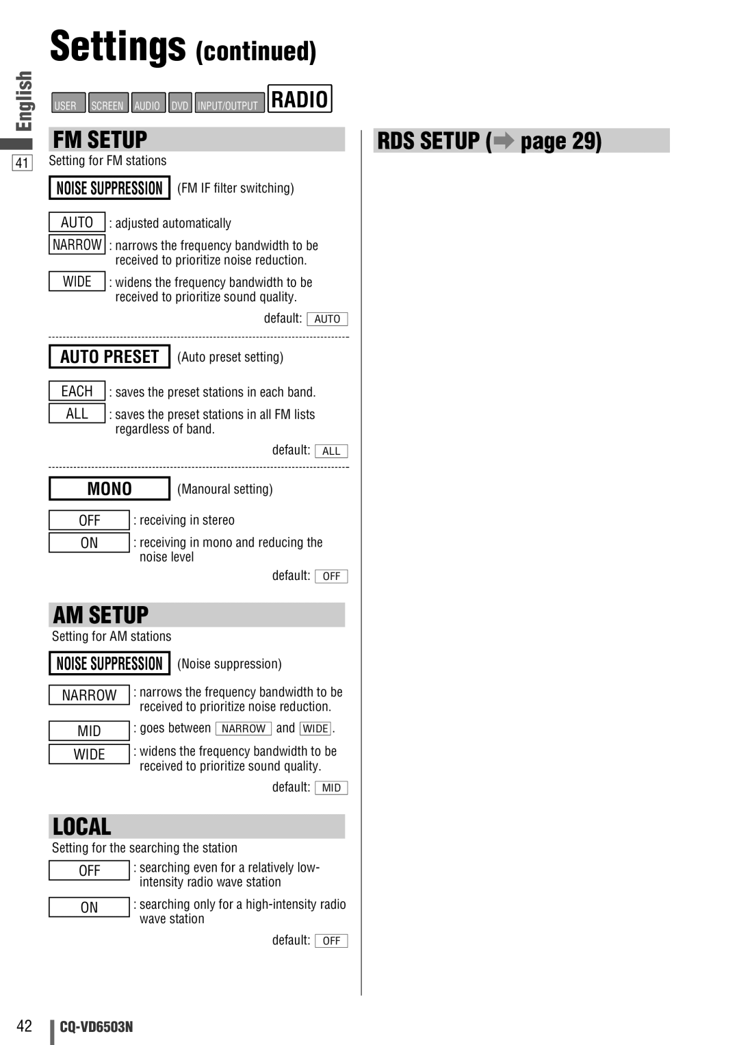 Panasonic CQ-VD6503N operating instructions Mono 