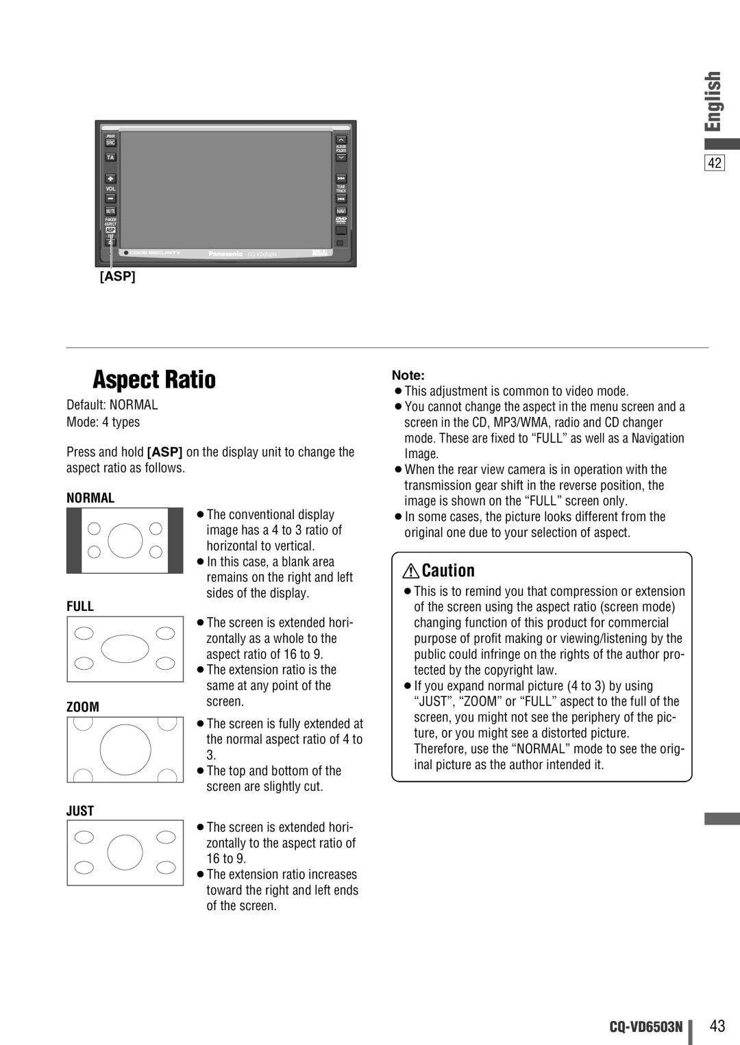 Panasonic CQ-VD6503N operating instructions Aspect Ratio 