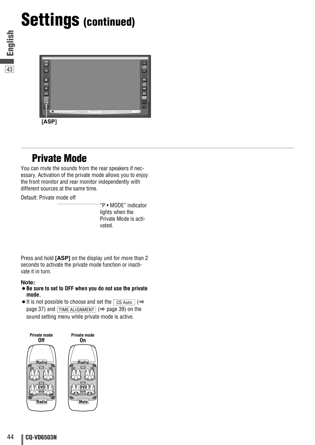 Panasonic CQ-VD6503N operating instructions Private Mode, ¡Be sure to set to OFF when you do not use the private mode 