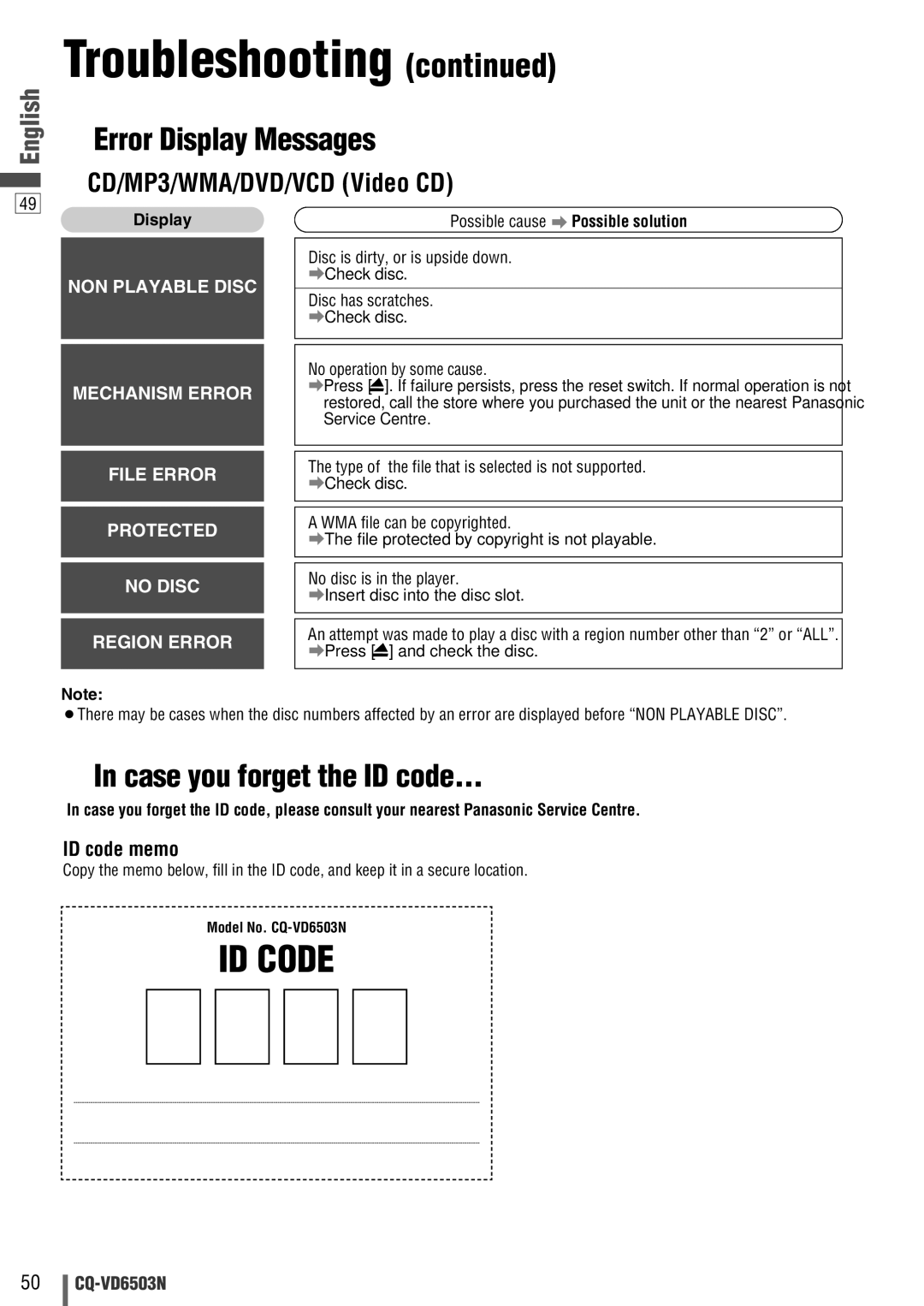 Panasonic CQ-VD6503N Error Display Messages, Case you forget the ID code, CD/MP3/WMA/DVD/VCD Video CD 
