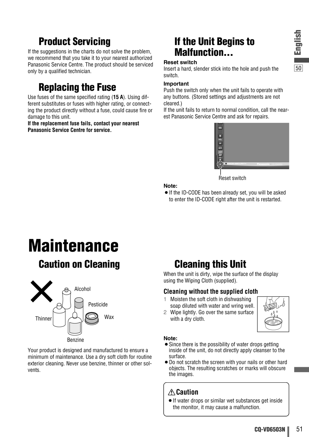 Panasonic CQ-VD6503N operating instructions Maintenance 