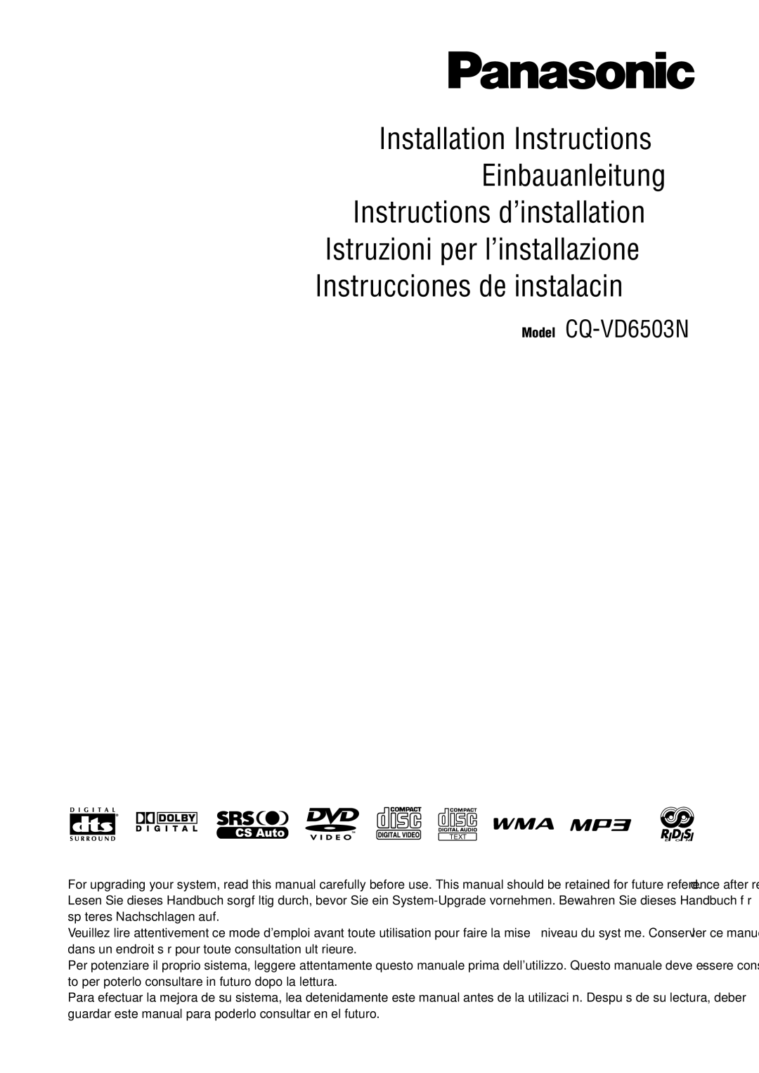 Panasonic operating instructions Model CQ-VD6503N 