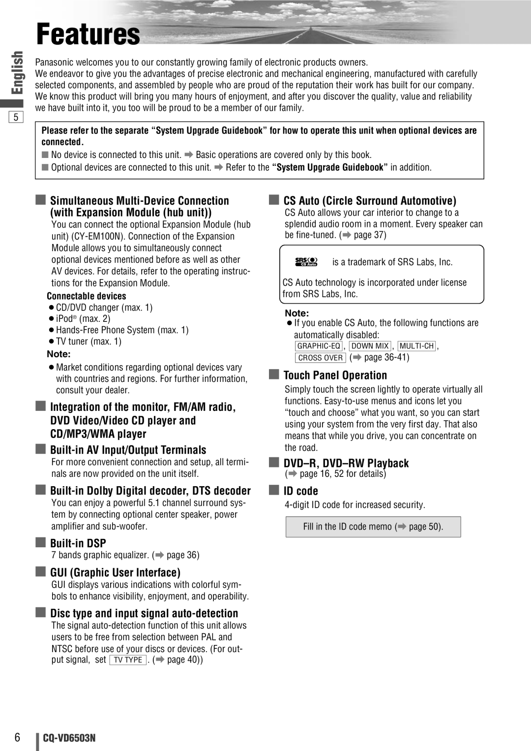 Panasonic CQ-VD6503N operating instructions Features, Connectable devices 