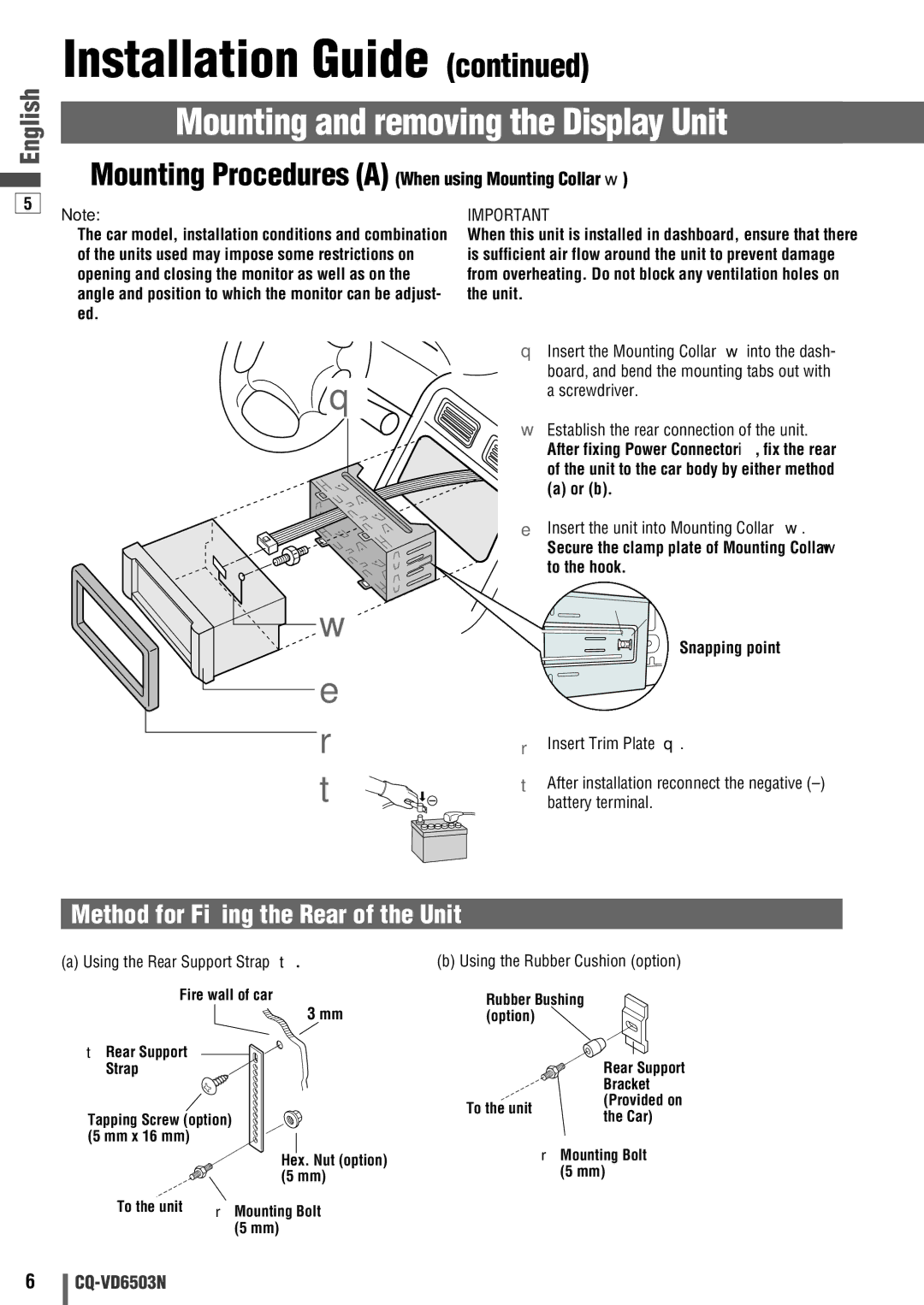 Panasonic CQ-VD6503N operating instructions Installation Guide, Method for Fixing the Rear of the Unit 