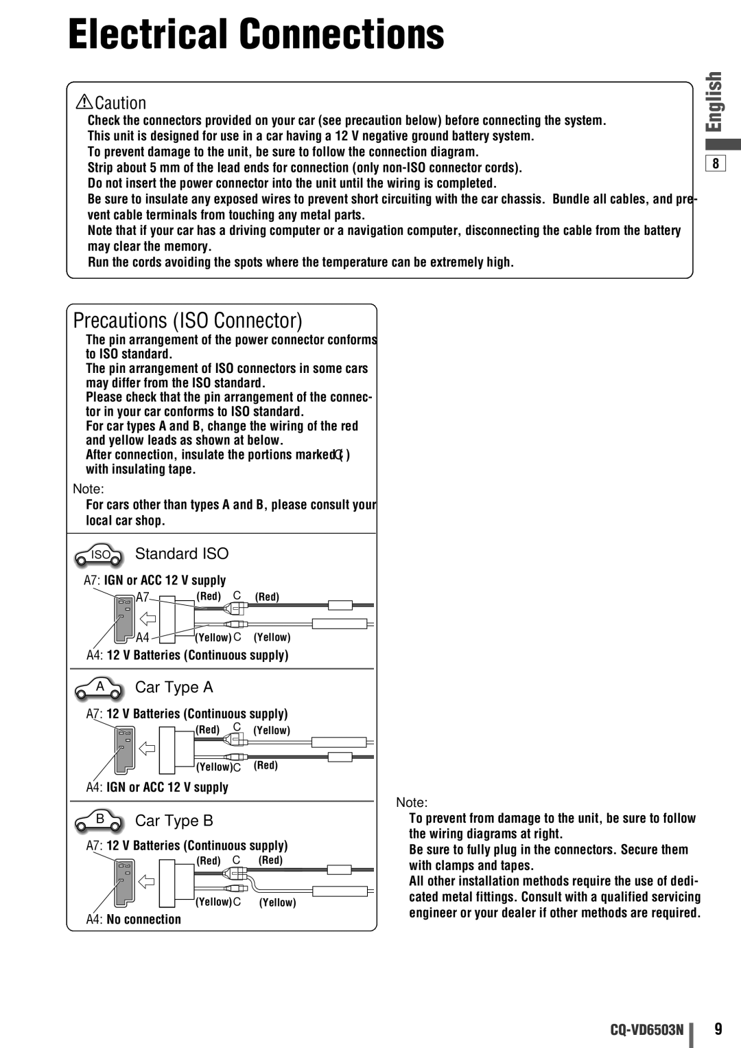 Panasonic CQ-VD6503N operating instructions Electrical Connections, Precautions ISO Connector 