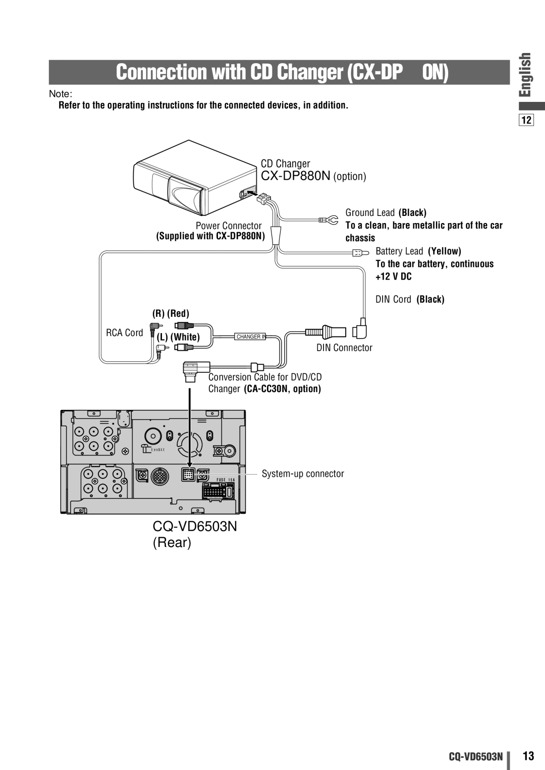 Panasonic CQ-VD6503N operating instructions Connection with CD Changer CX-DP880N, CX-DP880N option, Battery Lead Yellow 