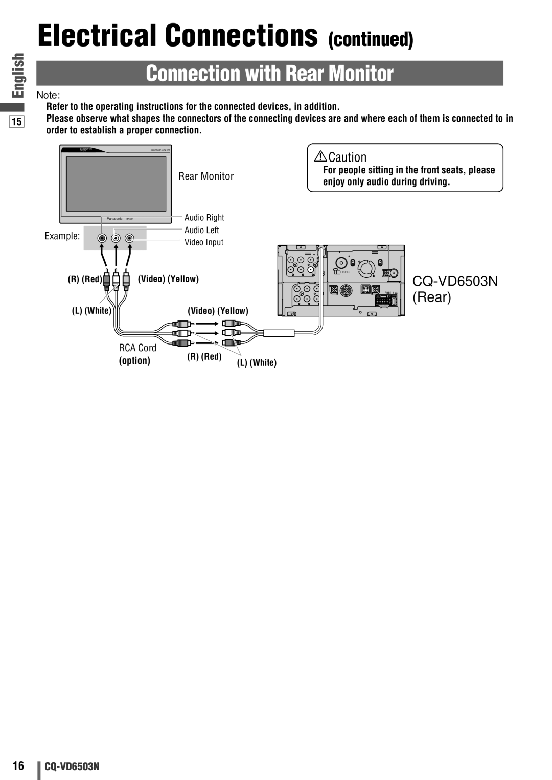 Panasonic CQ-VD6503N operating instructions Connection with Rear Monitor, Example 