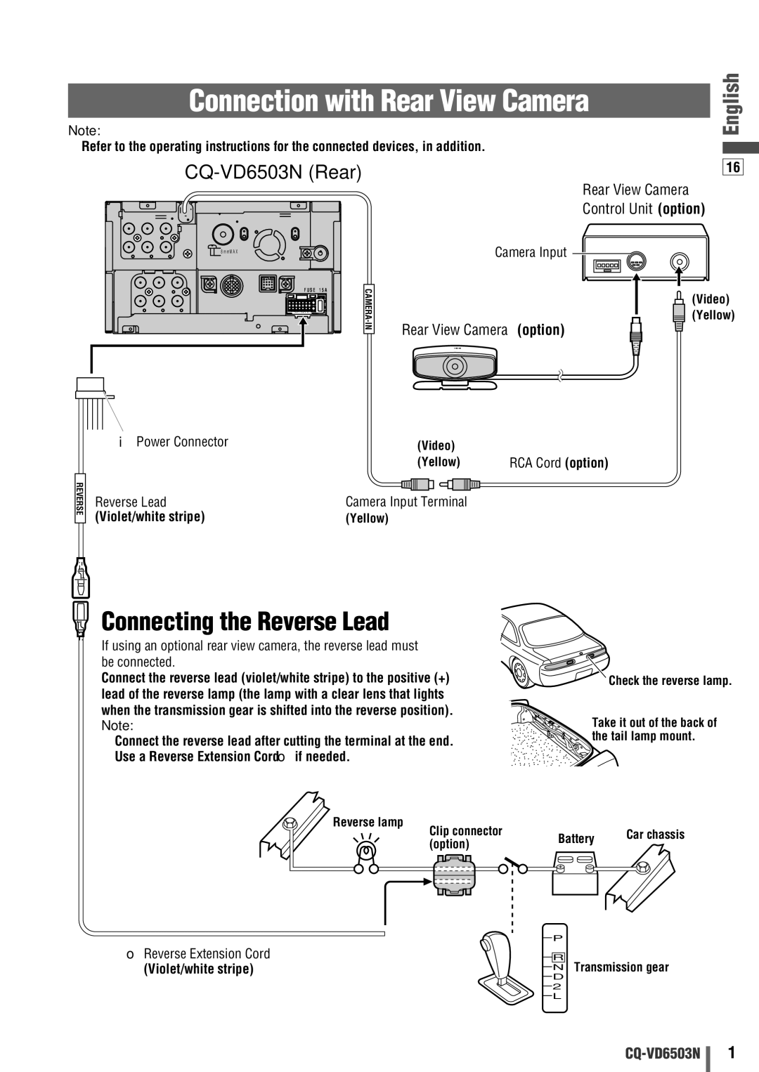 Panasonic CQ-VD6503N Connection with Rear View Camera, Connecting the Reverse Lead, Rear View Camera Control Unit option 