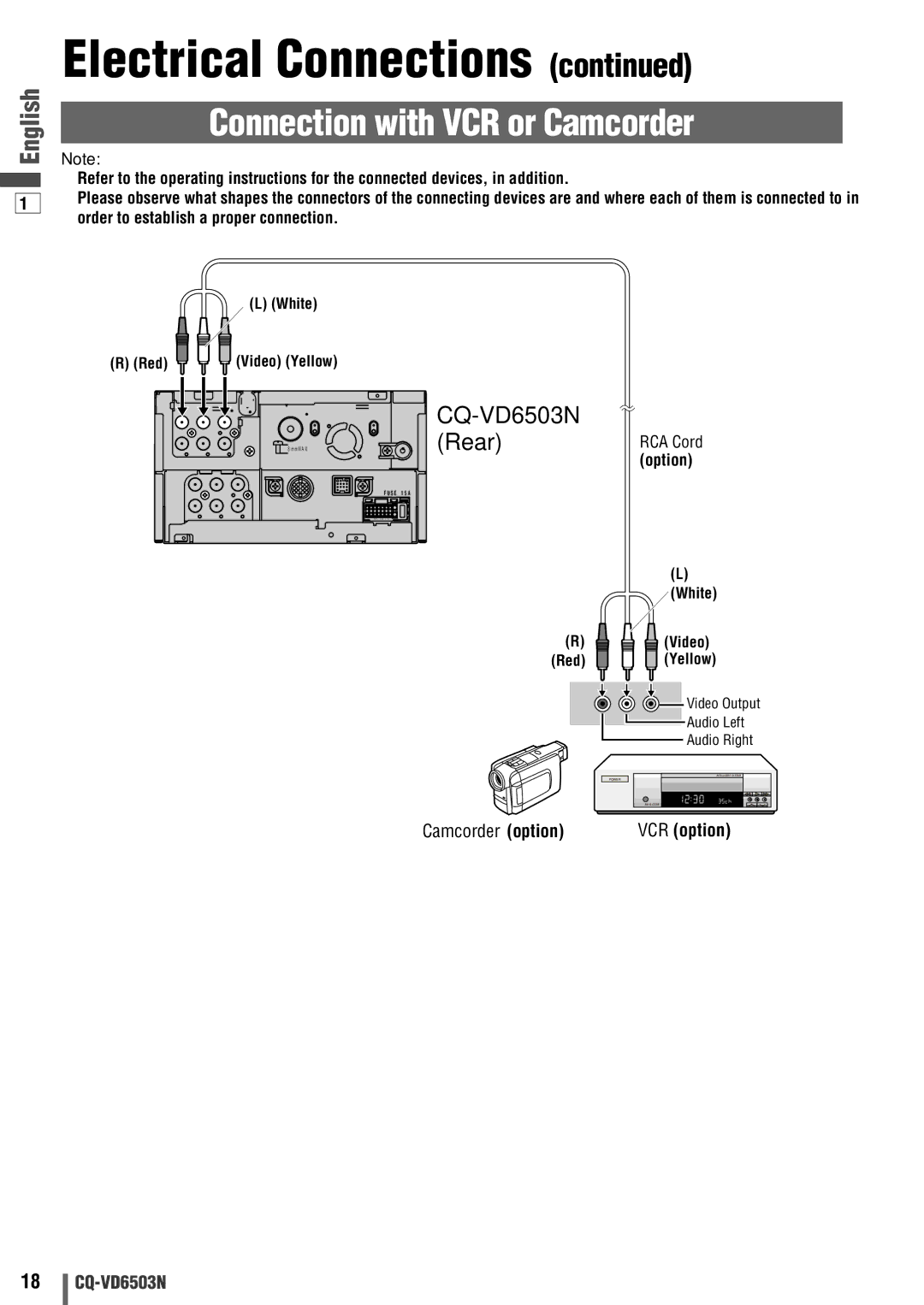 Panasonic CQ-VD6503N operating instructions Connection with VCR or Camcorder, Camcorder option 