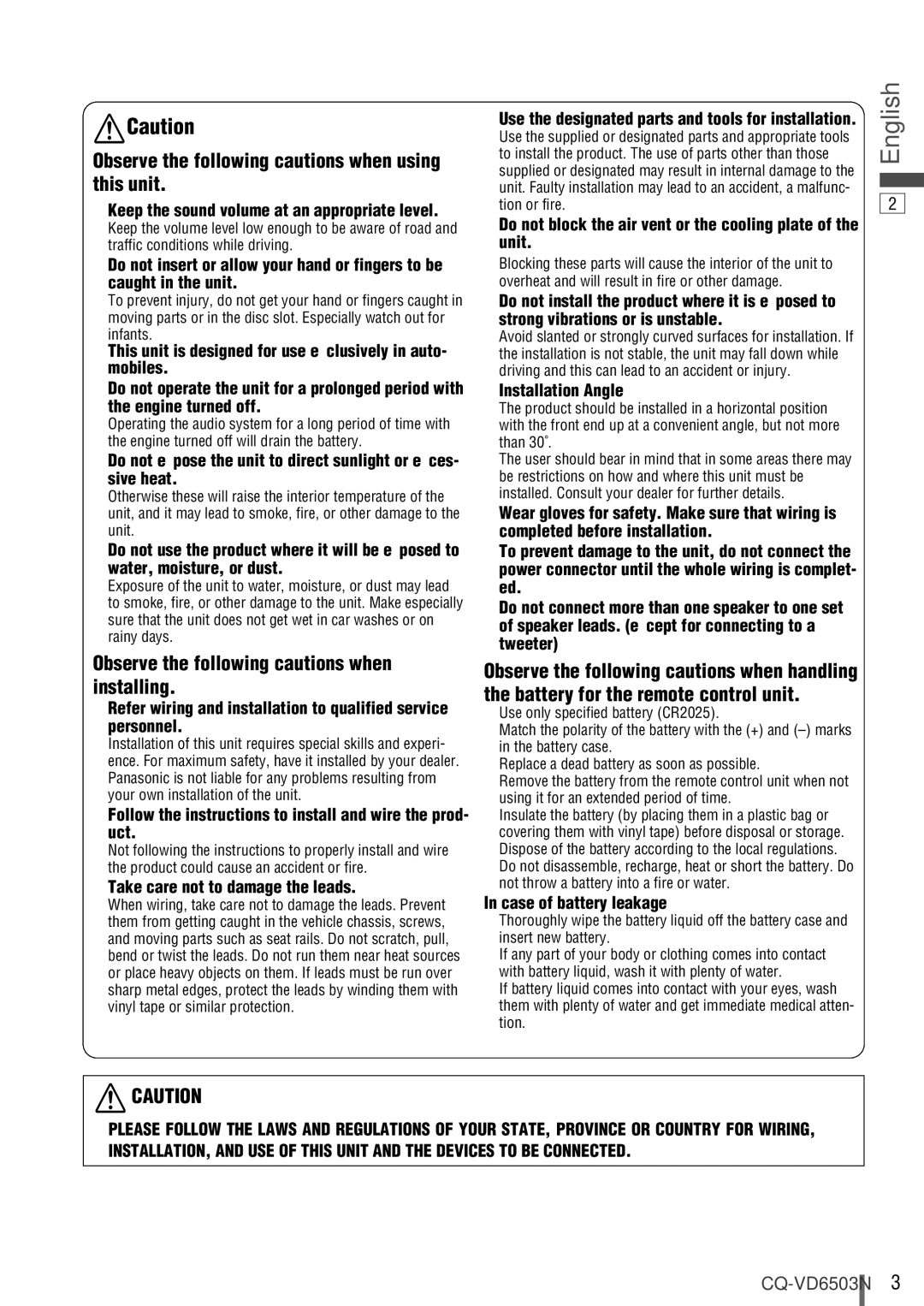 Panasonic CQ-VD6503N operating instructions Observe the following cautions when using this unit 