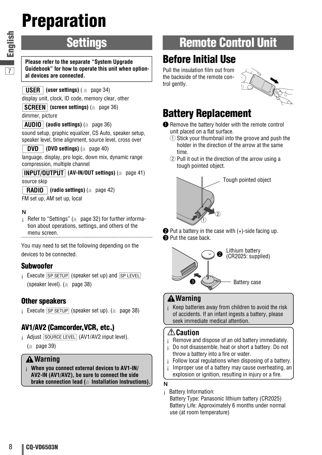 Panasonic CQ-VD6503N Preparation, Settings, Remote Control Unit, Before Initial Use, Battery Replacement 