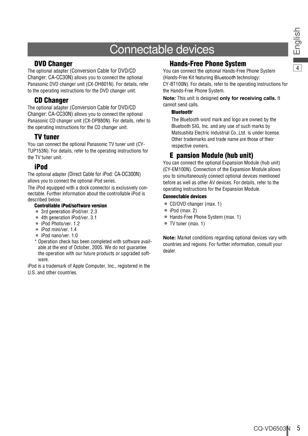 Panasonic CQ-VD6503N operating instructions Connectable devices 