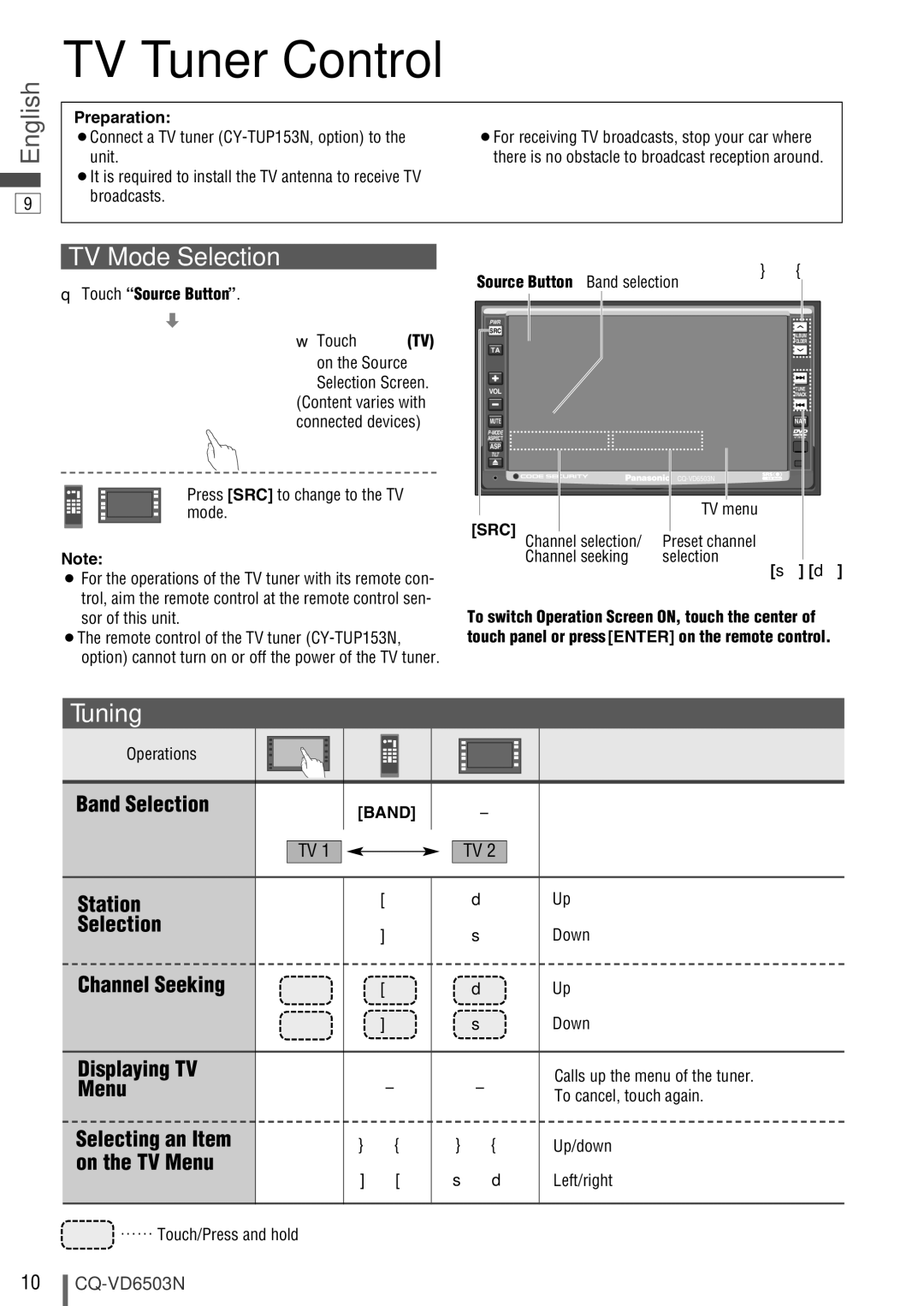 Panasonic CQ-VD6503N operating instructions TV Tuner Control, TV Mode Selection 