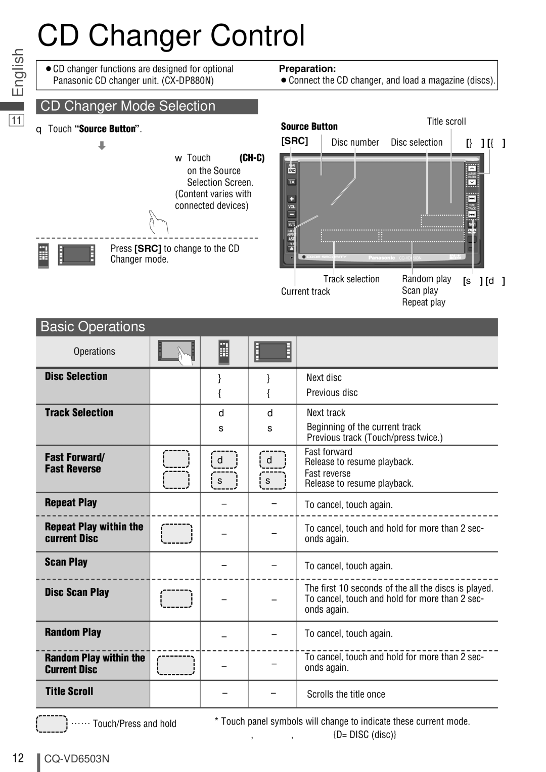 Panasonic CQ-VD6503N CD Changer Control, Disc Selection, Track Selection, Current Disc, Disc Scan Play 