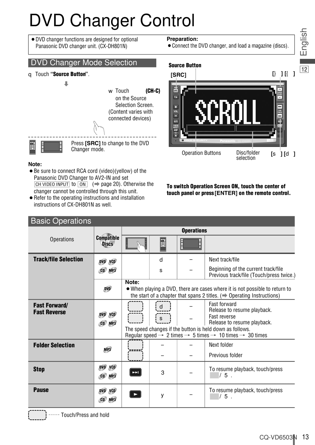 Panasonic CQ-VD6503N operating instructions DVD Changer Control, Track/file Selection, Touch Source Button Touch CH-C 