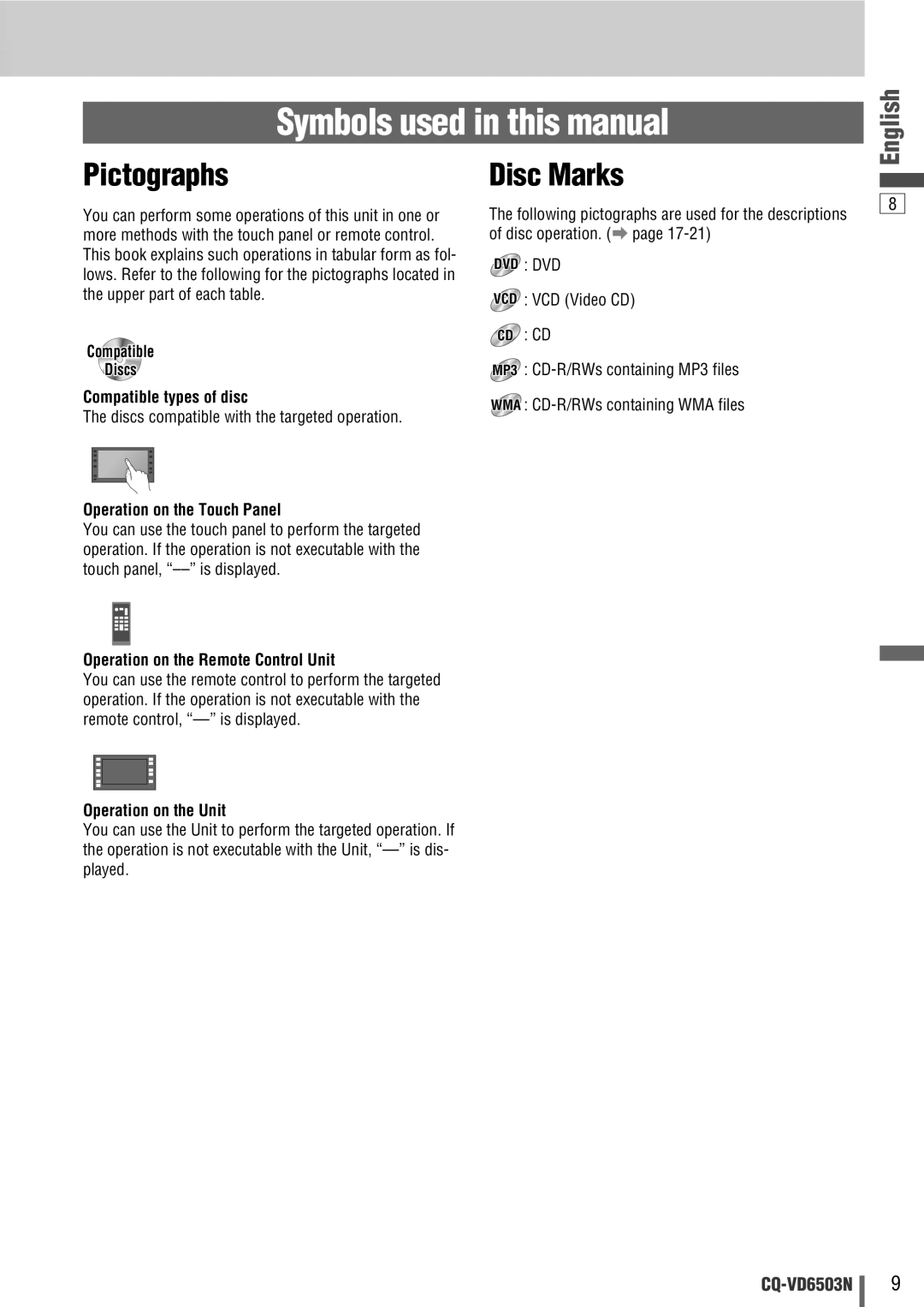 Panasonic CQ-VD6503N operating instructions Symbols used in this manual, Pictographs, Disc Marks 