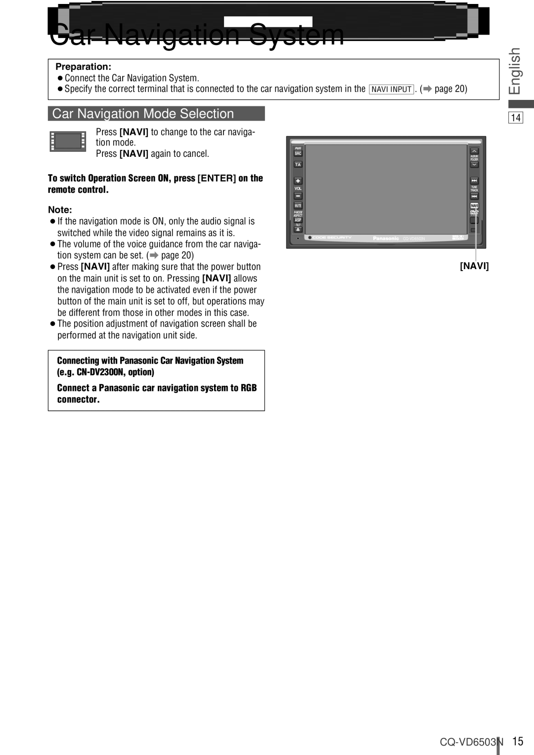 Panasonic CQ-VD6503N operating instructions Car Navigation System 