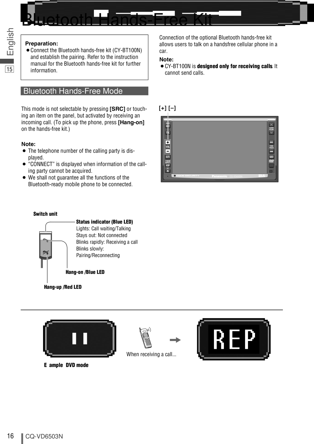 Panasonic CQ-VD6503N Bluetooth Hands-Free Kit, Car, Information, Cannot send calls, When receiving a call 