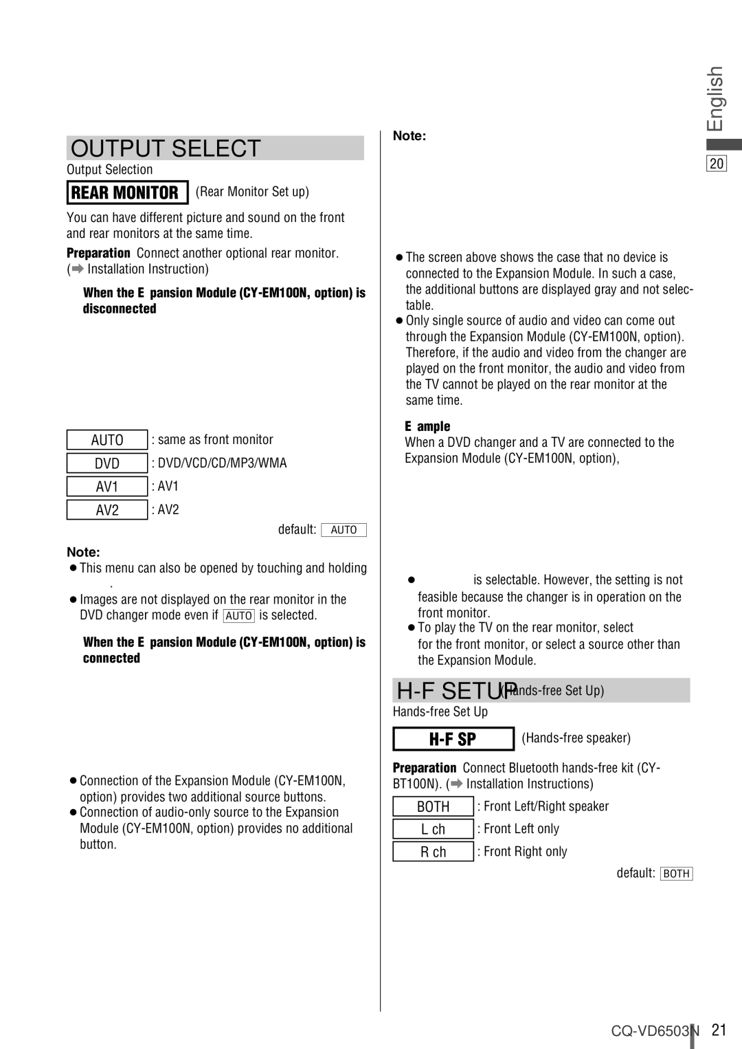 Panasonic CQ-VD6503N operating instructions When the Expansion Module CY-EM100N, option is disconnected 