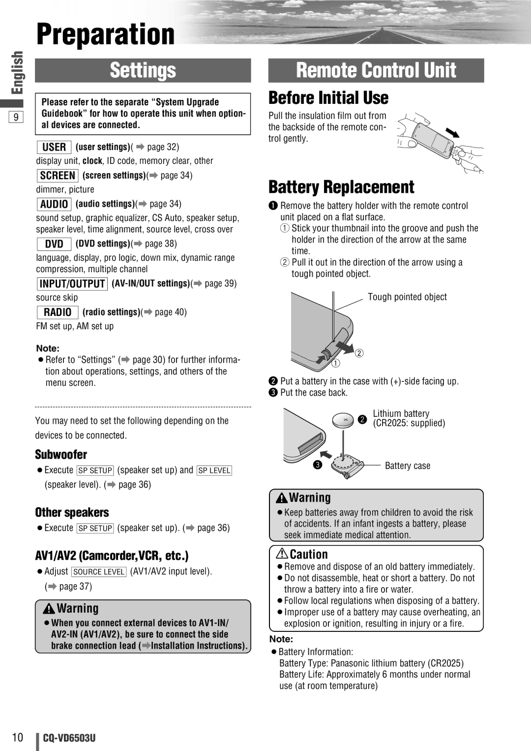 Panasonic CQ-VD6503U warranty Preparation, Settings, Remote Control Unit, Before Initial Use, Battery Replacement 