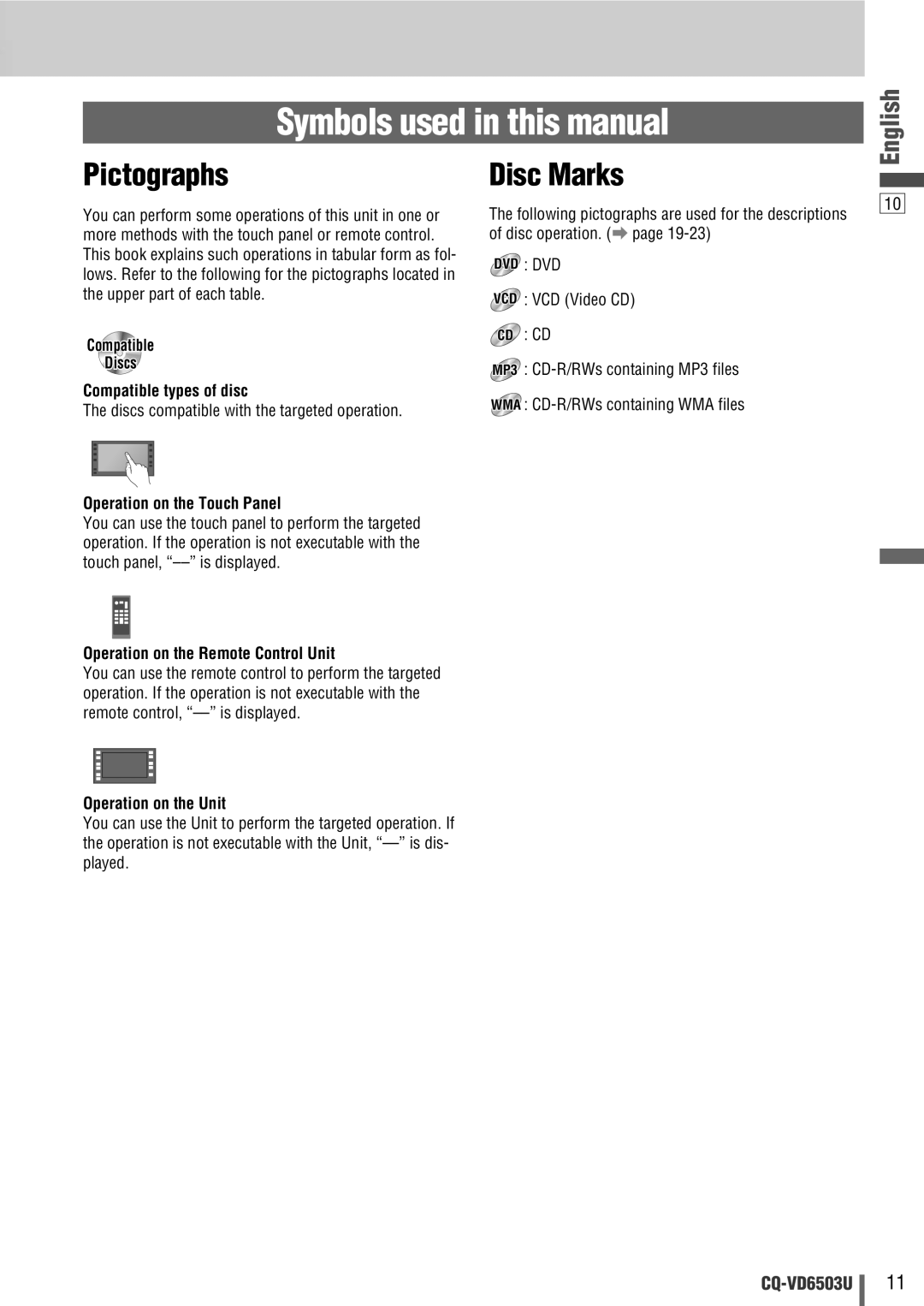 Panasonic CQ-VD6503U warranty Symbols used in this manual, Pictographs, Disc Marks 