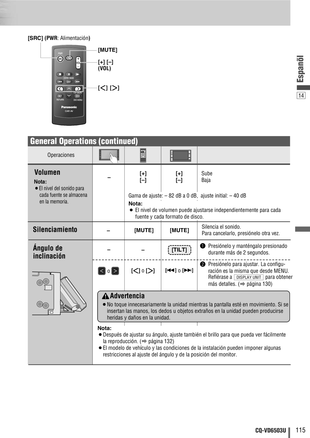 Panasonic CQ-VD6503U warranty Volumen, Silenciamiento, Ángulo de, Inclinación 