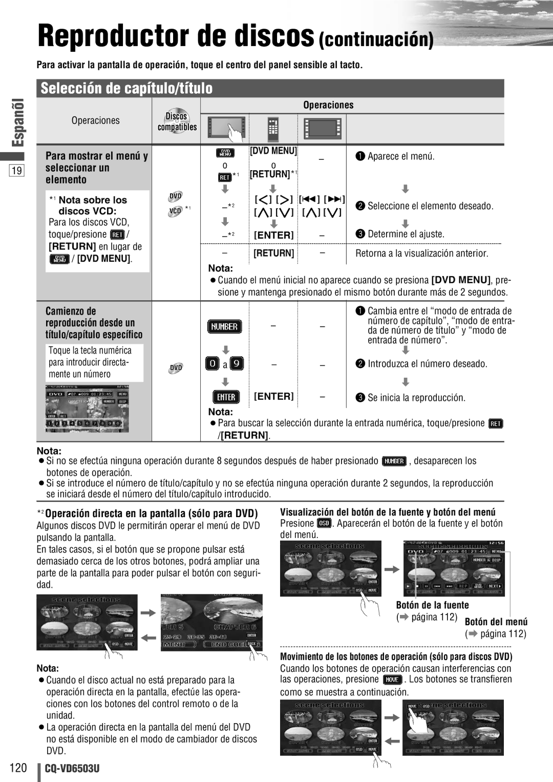 Panasonic CQ-VD6503U warranty Reproductor de discos continuación, Selección de capítulo/título 