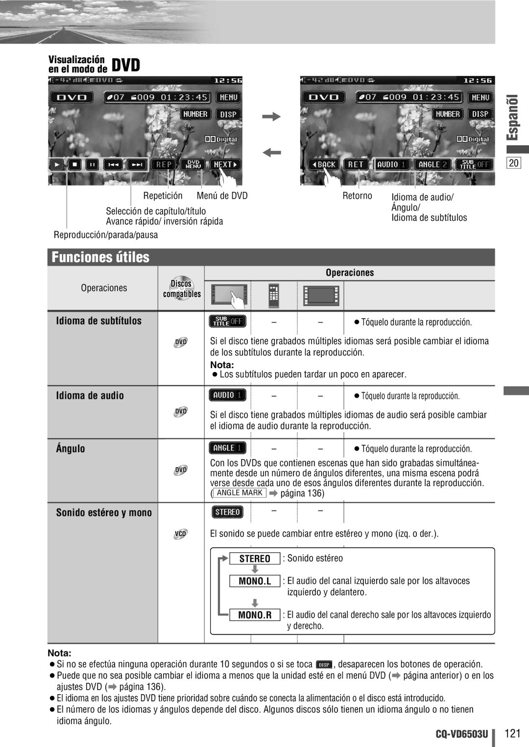 Panasonic CQ-VD6503U warranty Funciones útiles, Idioma de subtítulos, Idioma de audio, Ángulo 