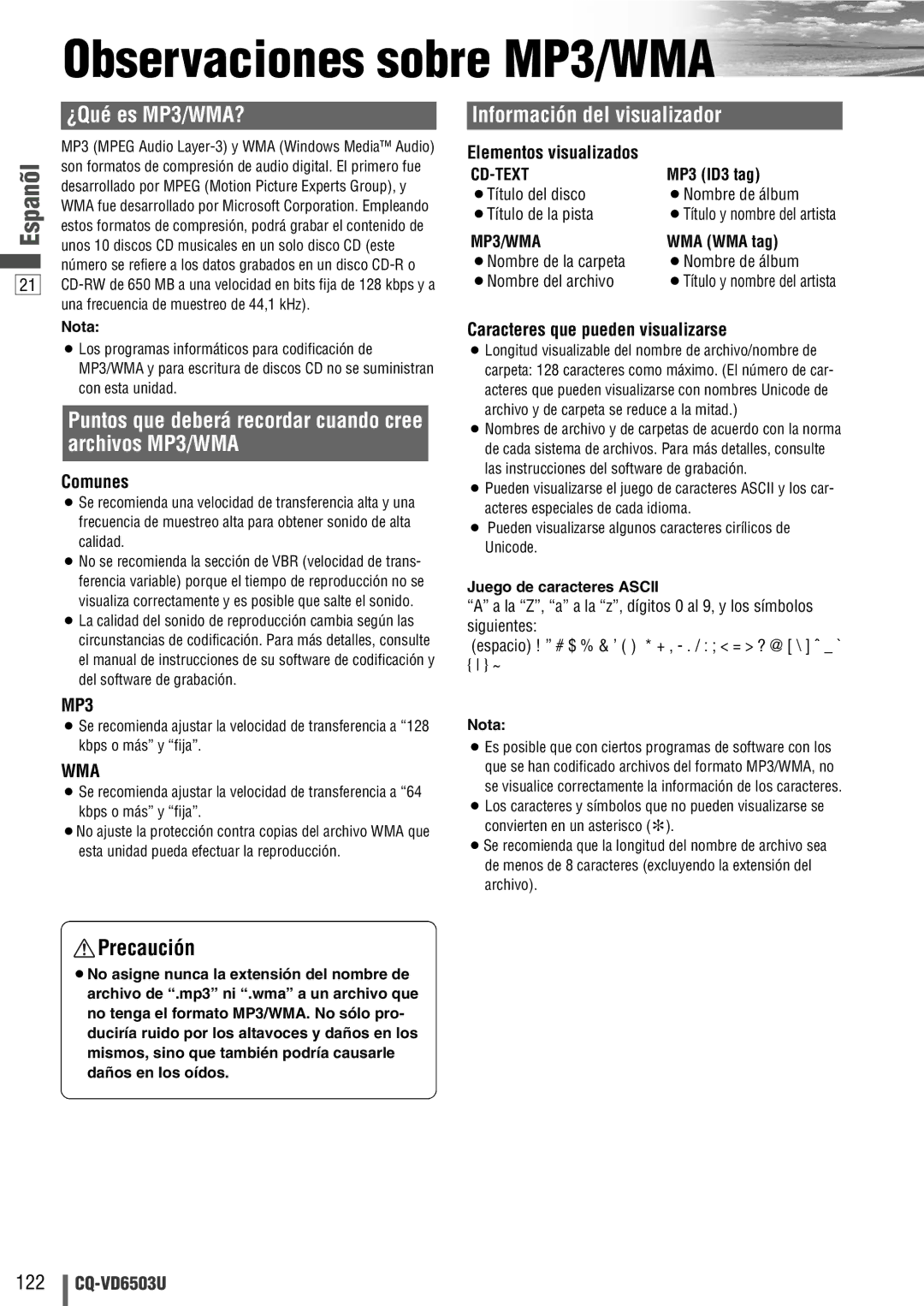 Panasonic CQ-VD6503U Observaciones sobre MP3/WMA, Comunes, Elementos visualizados, Caracteres que pueden visualizarse 