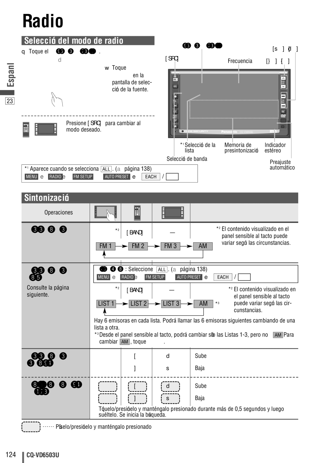 Panasonic CQ-VD6503U warranty Selección del modo de radio, Sintonización 