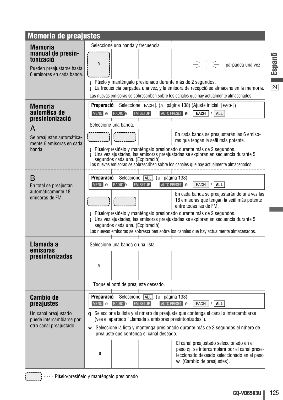 Panasonic CQ-VD6503U warranty Memoria de preajustes 