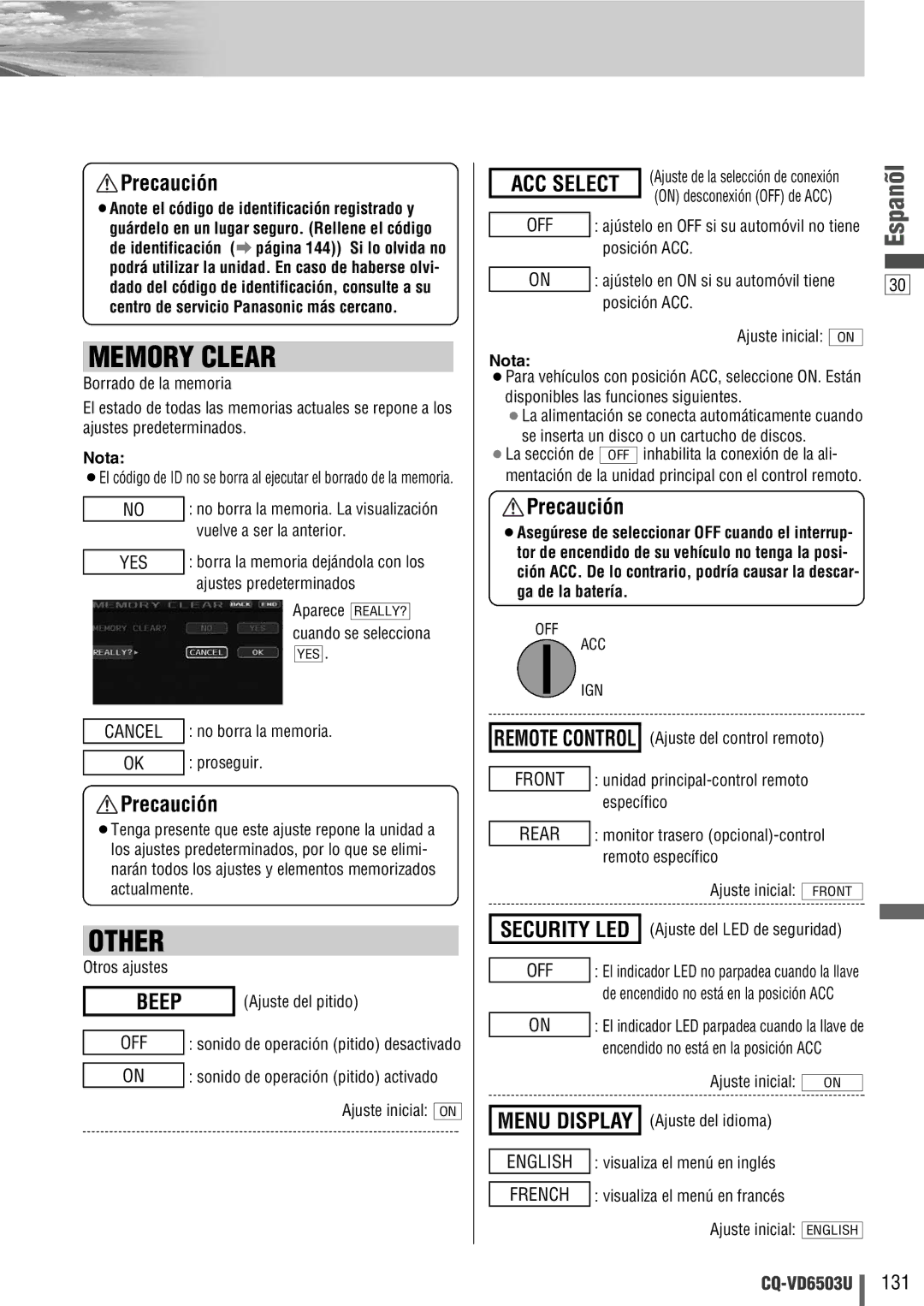 Panasonic CQ-VD6503U warranty Proseguir, Otros ajustes, Ajuste del pitido, Posición ACC, Ajuste inicial on 