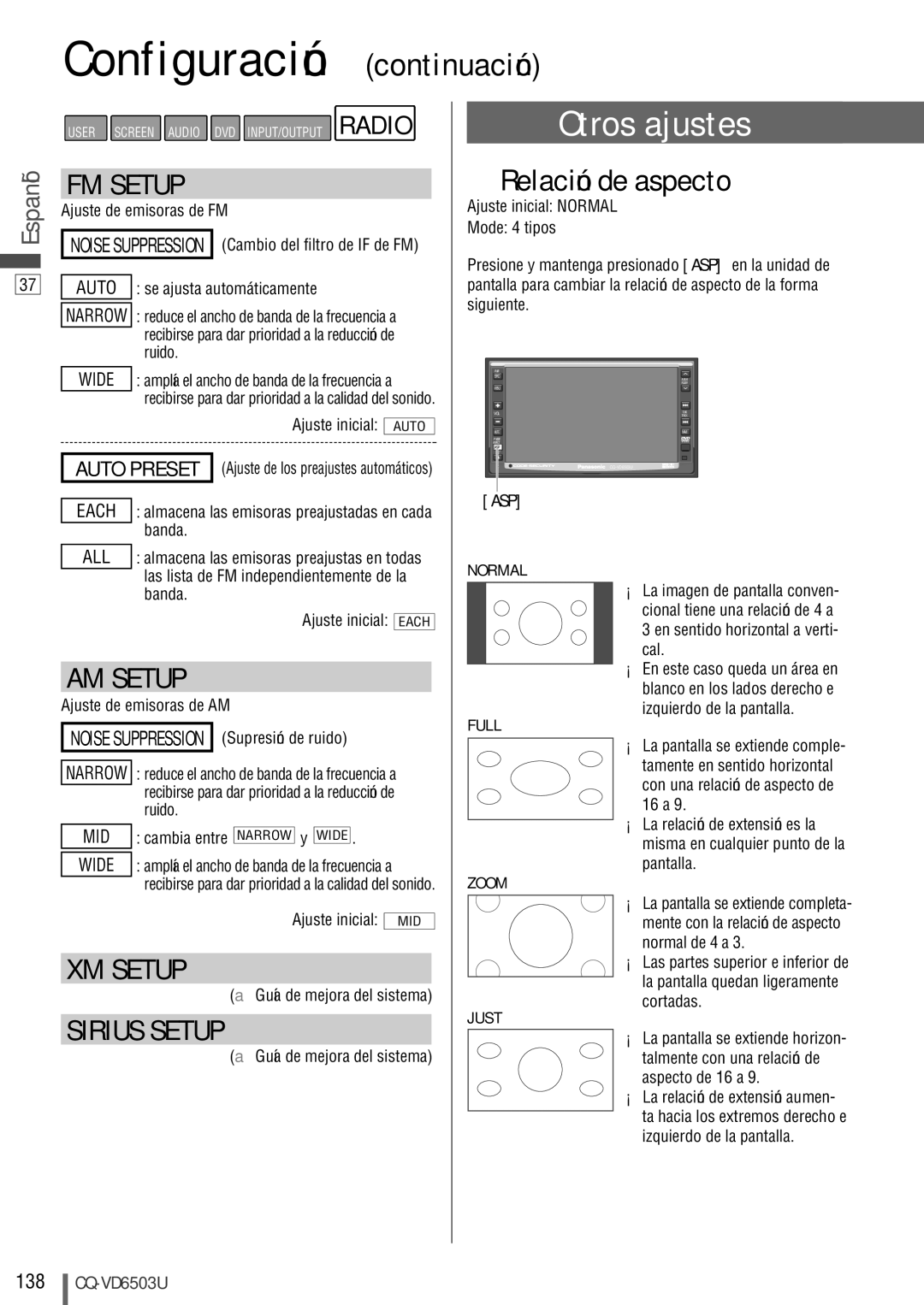 Panasonic CQ-VD6503U warranty Otros ajustes, Relación de aspecto, Ajuste de emisoras de FM, Ajuste inicial MID 