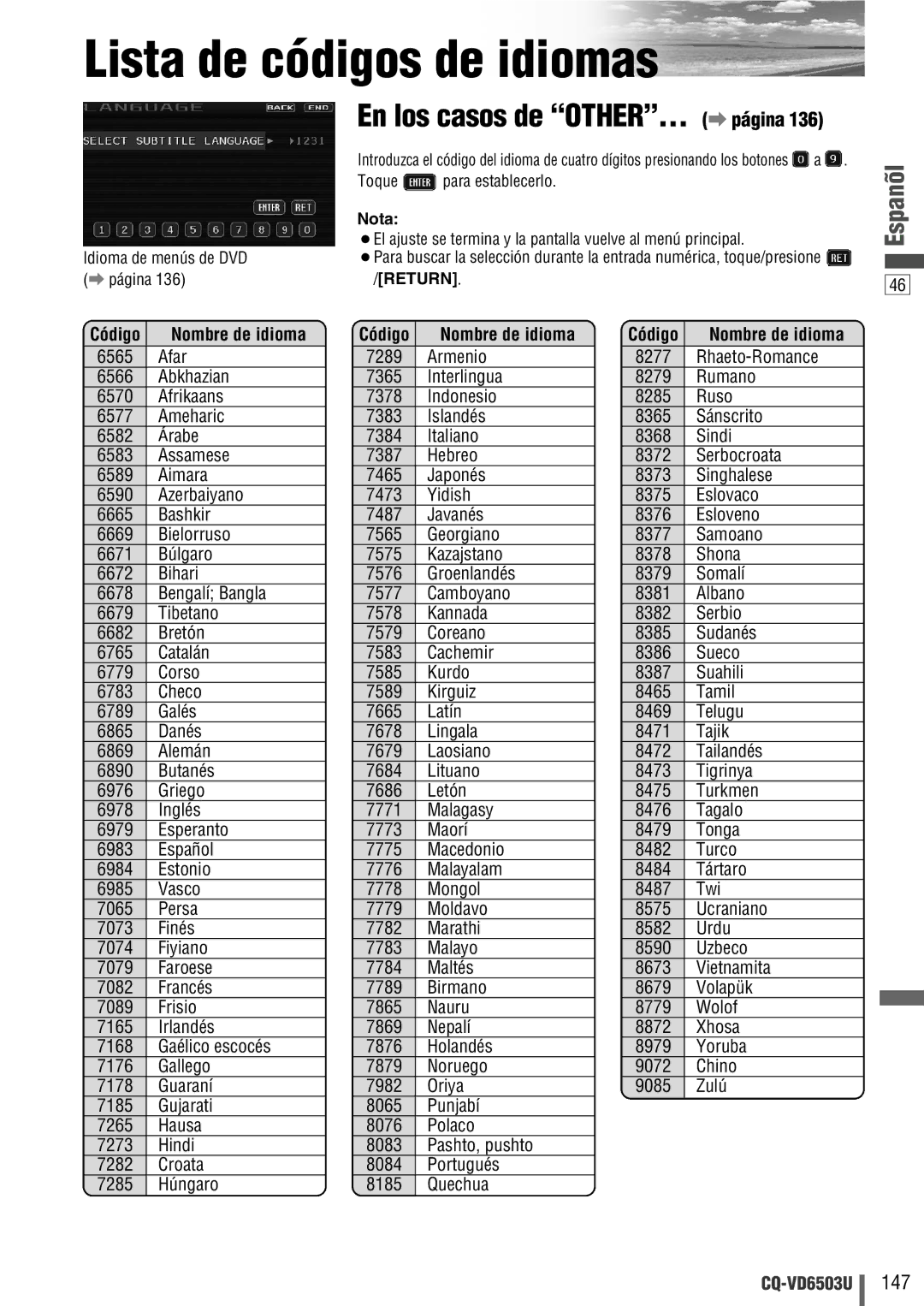 Panasonic CQ-VD6503U warranty Lista de códigos de idiomas, Nombre de idioma, Código 