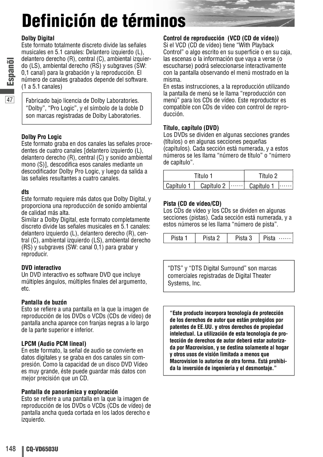 Panasonic CQ-VD6503U warranty Definición de términos 